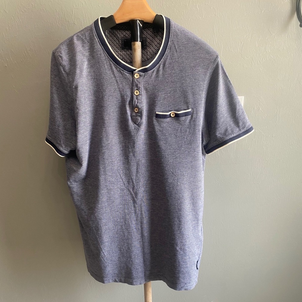 Ted Baker London Mens Blue Textured Short Sleeve Henley Shirt Size 4 Large